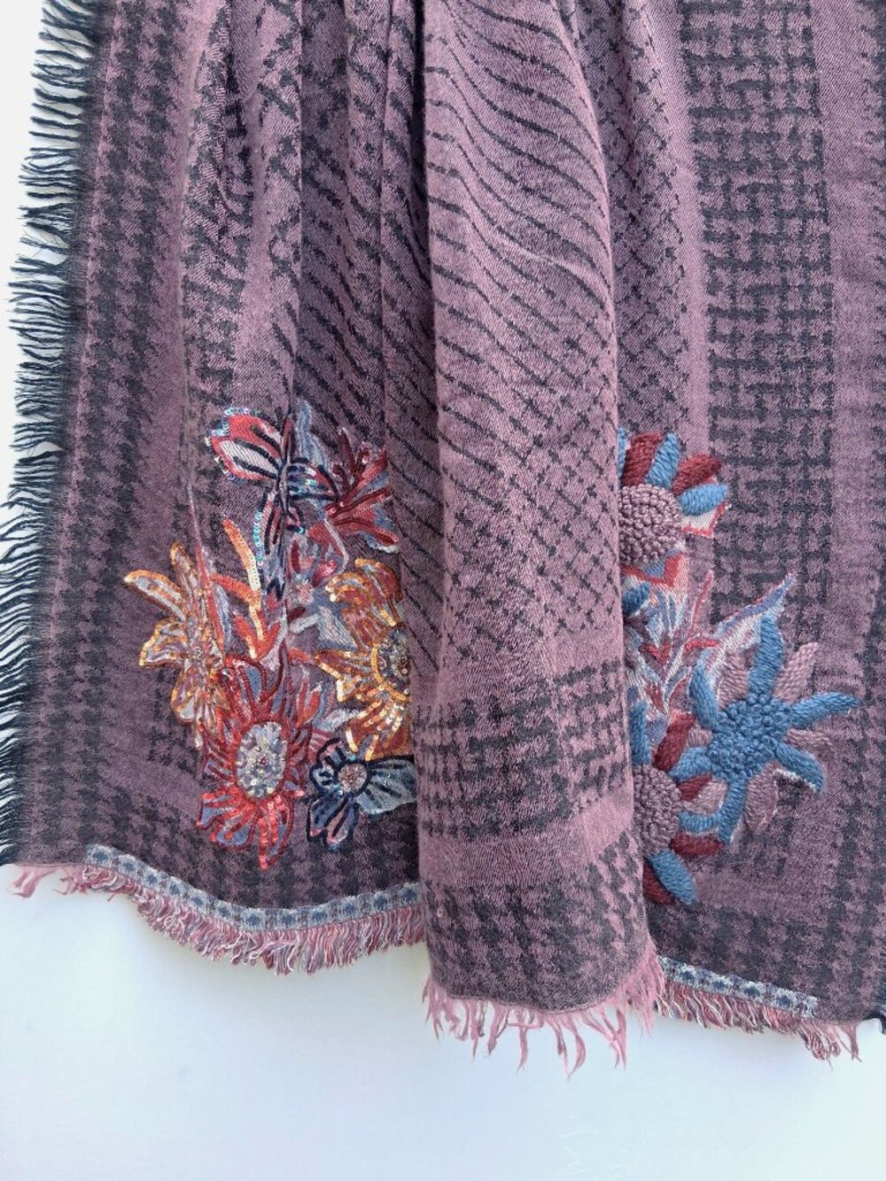 Embroidered wool shawl/wrap/scarf with sequins and beads, grape color (42"x42")